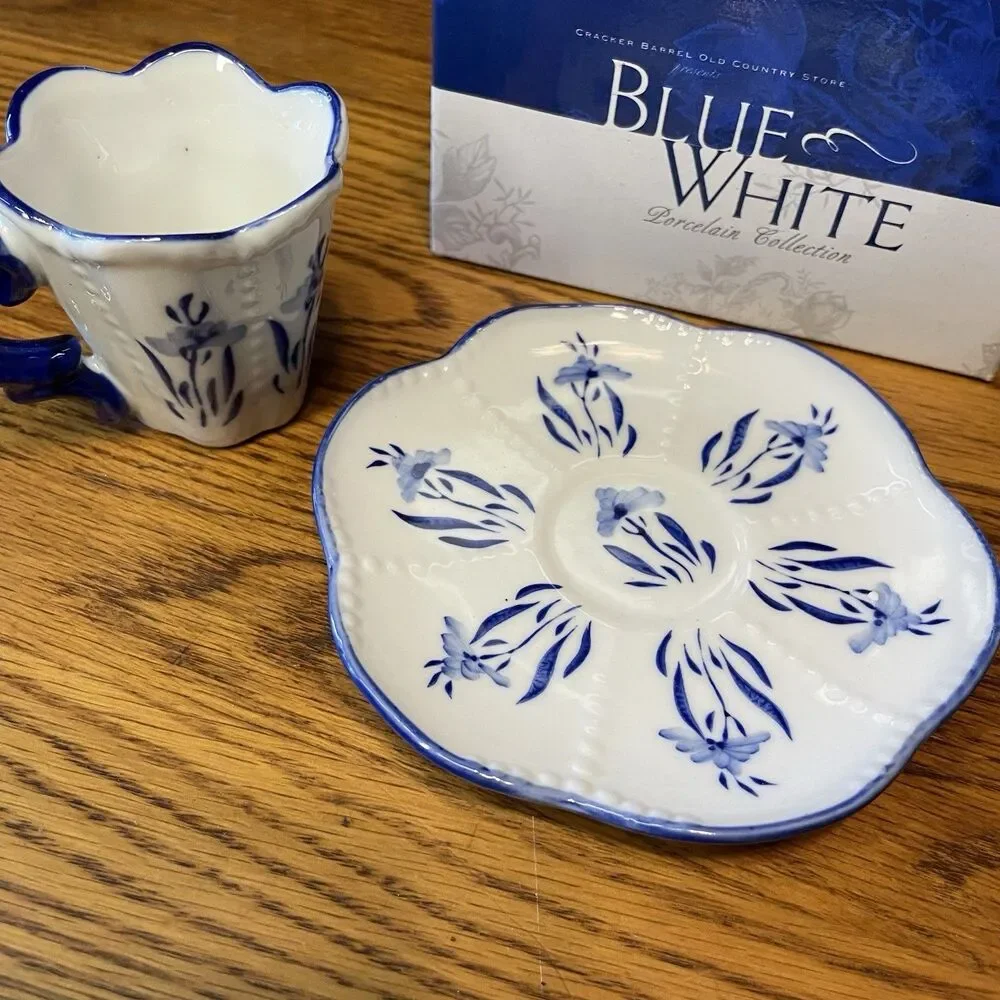 Cracker Barrel Blue & White Porcelain Teacup & Saucer Set Floral New In Box